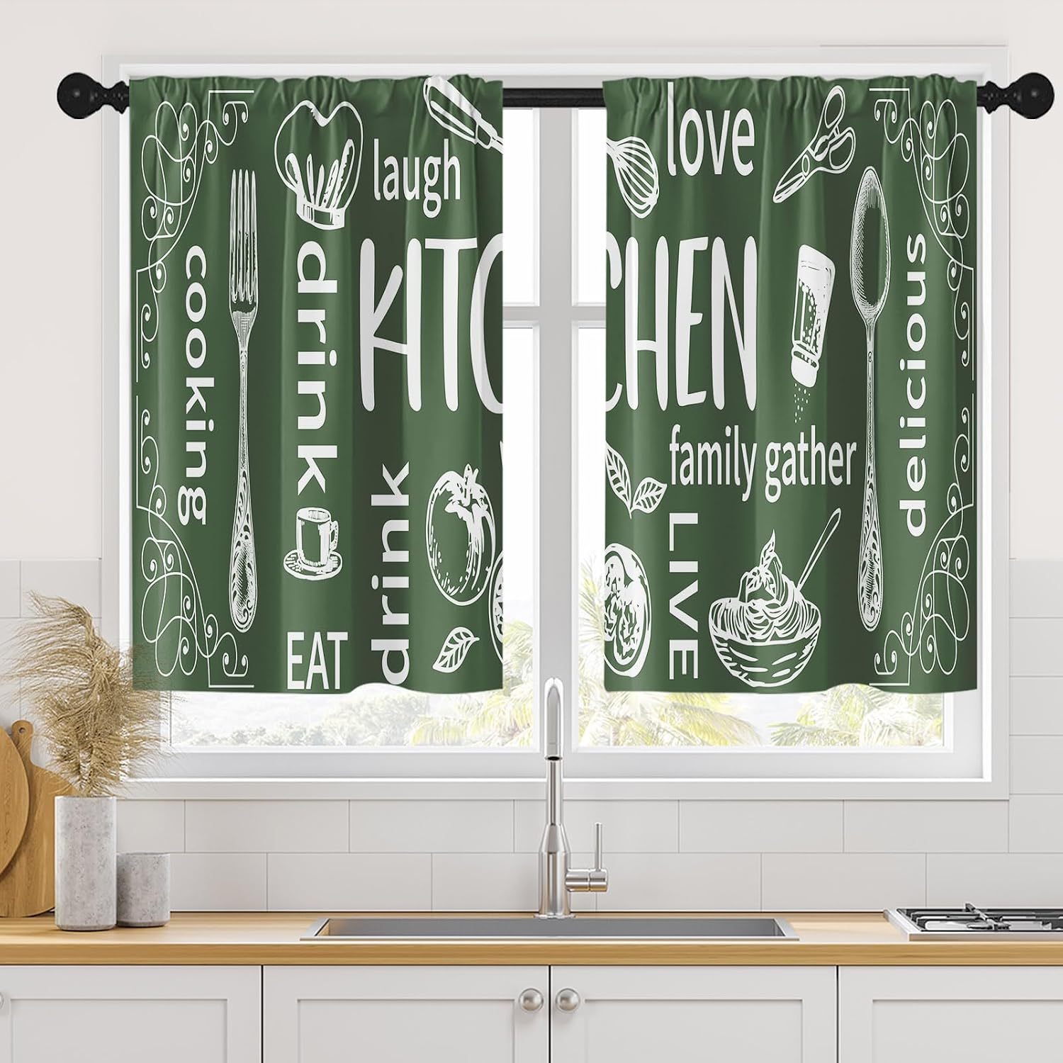 Home Cooking In French - Sepasang Tirai Dapur Estetis Warna Hijau
